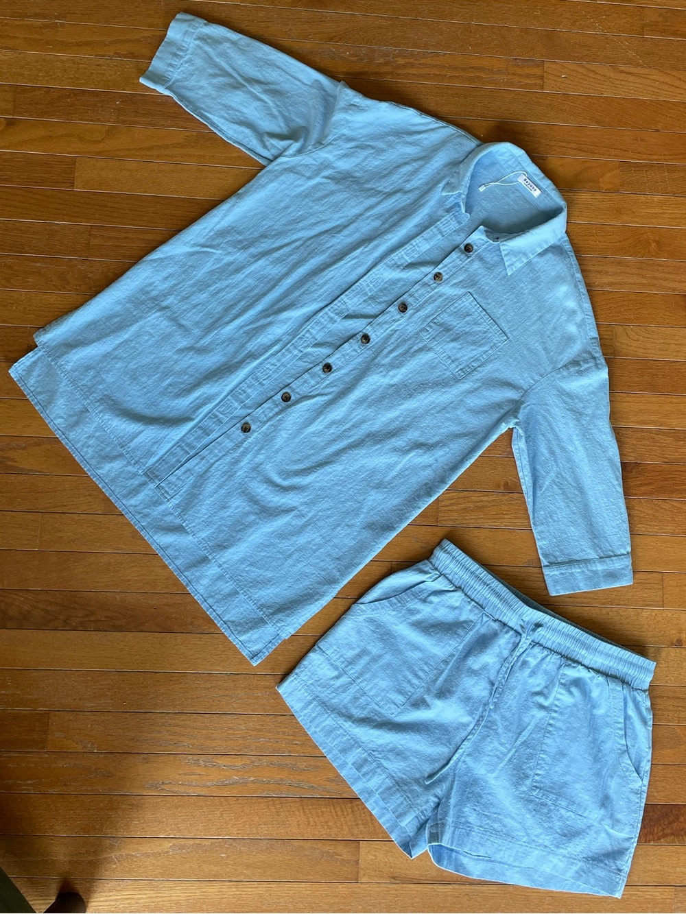 Blue Cotton Gauze Matching Lounge Set Button Front Top Shorts Size L
